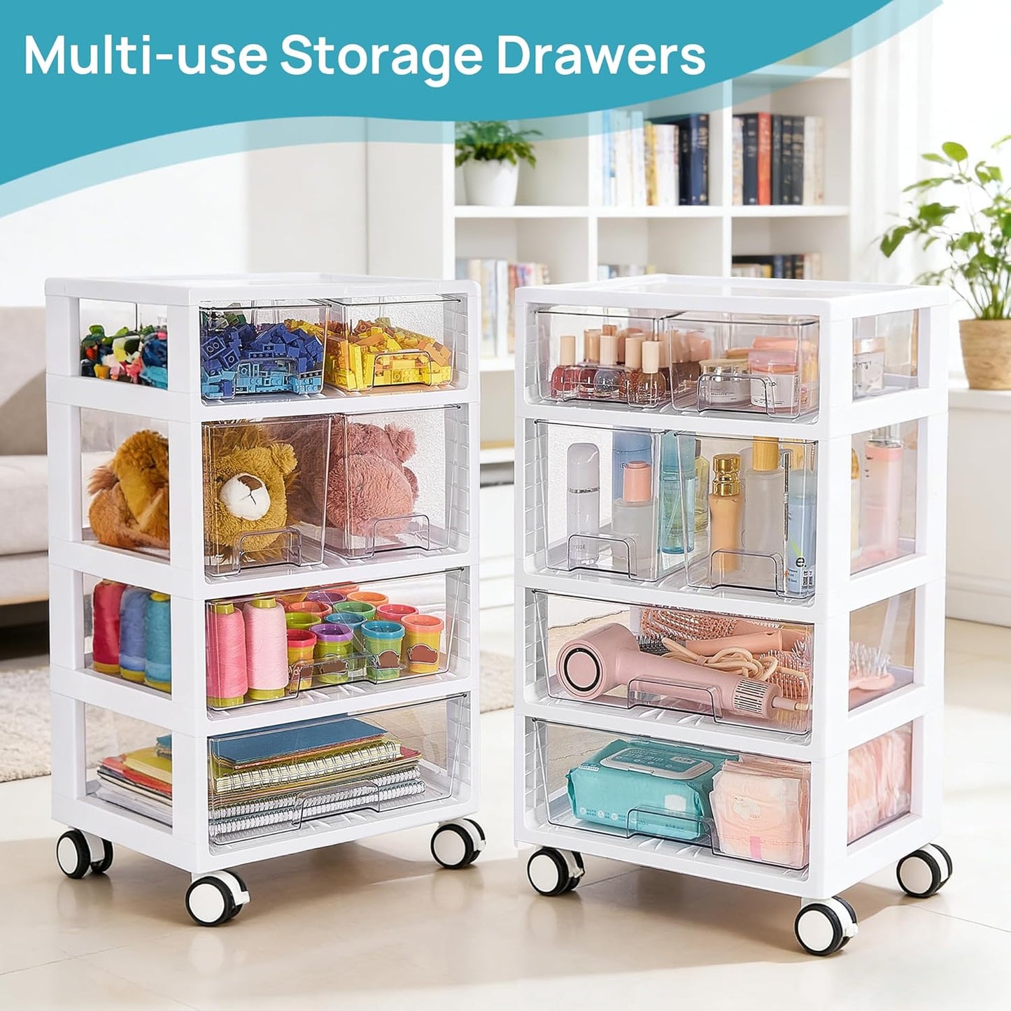 Vtopmart Plastic Drawer Storage Rolling Cart with Wheels, 4-Tier Drawer Organizer for Art Crafts Supplies, Home Office Supplies, Toys, Under Desk Storage for Office, Craft Room, Bedroom, Classroom