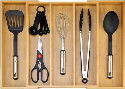 Large Bamboo Silverware Drawer Organizer Tray Kitchen Tool Drawer Divider Organizers Storage Expandable Cooking Utensil Organizer Wooden Cutlery Tray Spoon Flatware Organizers Utensil Holder Drawers