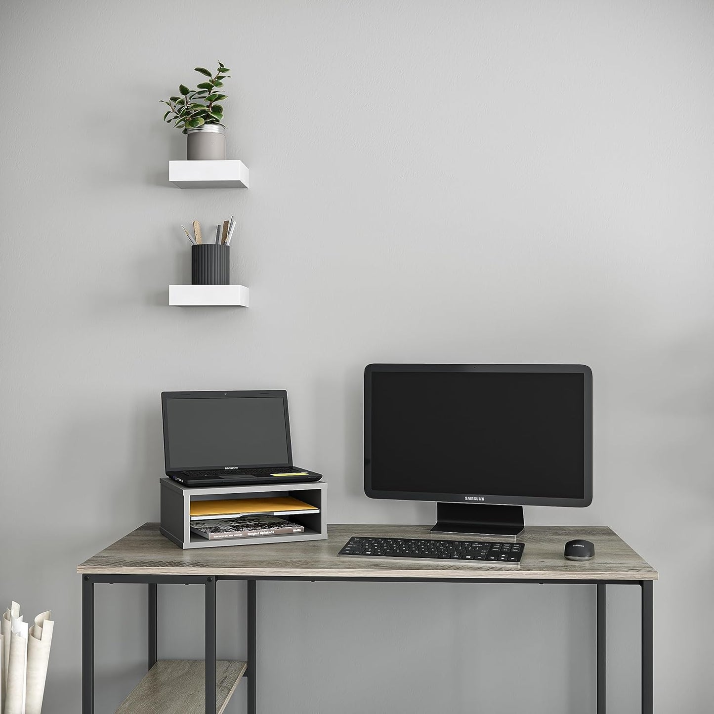 Ballucci File Organizer, 2-Tier Document Paper Sorter, Stackable Wood Desk Organizer Mail Holder, Monitor Stand with Storage Shelves, White