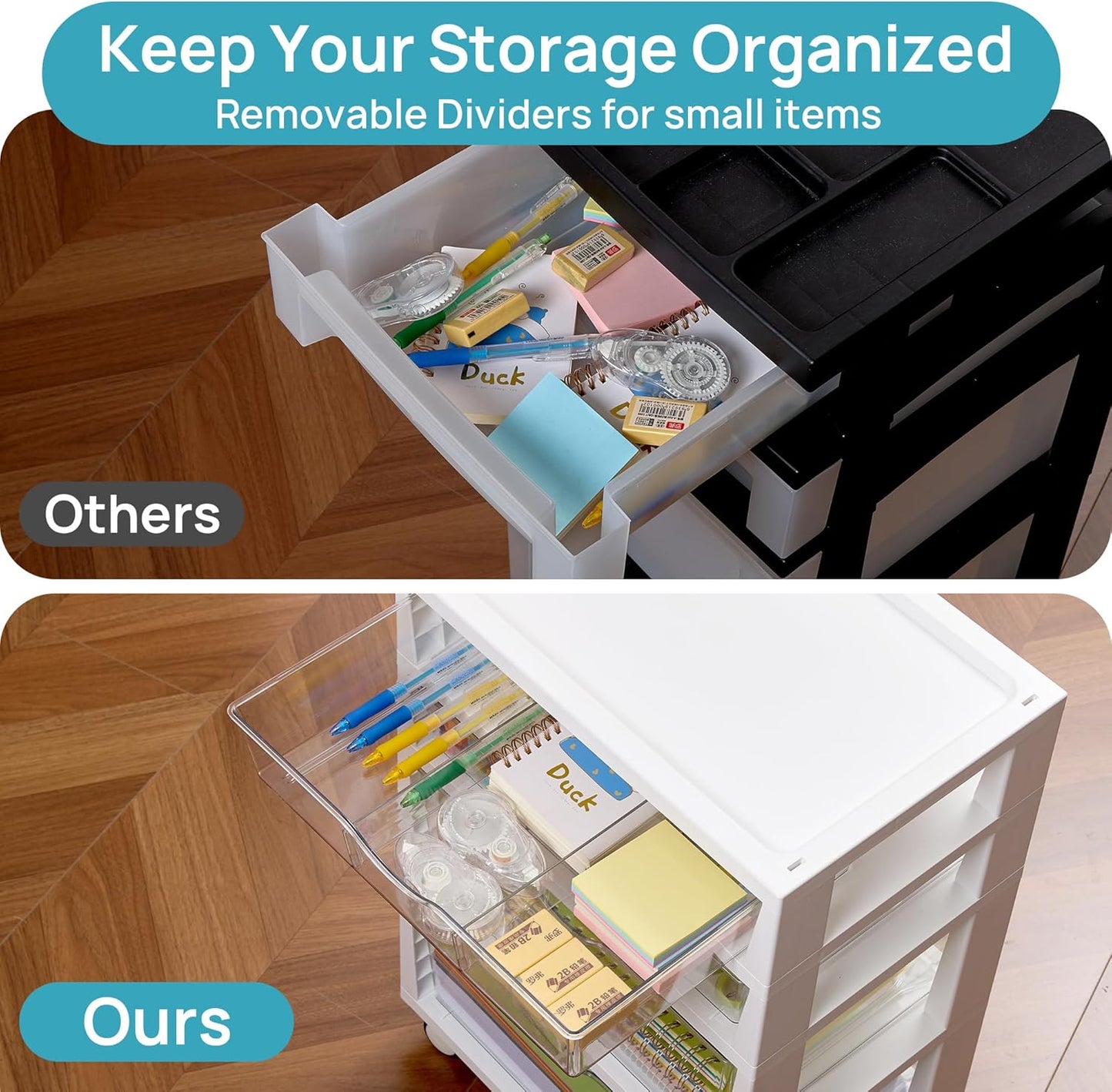 Vtopmart Plastic Drawer Storage Rolling Cart with Wheels, 4-Tier Drawer Organizer for Art Crafts Supplies, Home Office Supplies, Toys, Under Desk Storage for Office, Craft Room, Bedroom, Classroom