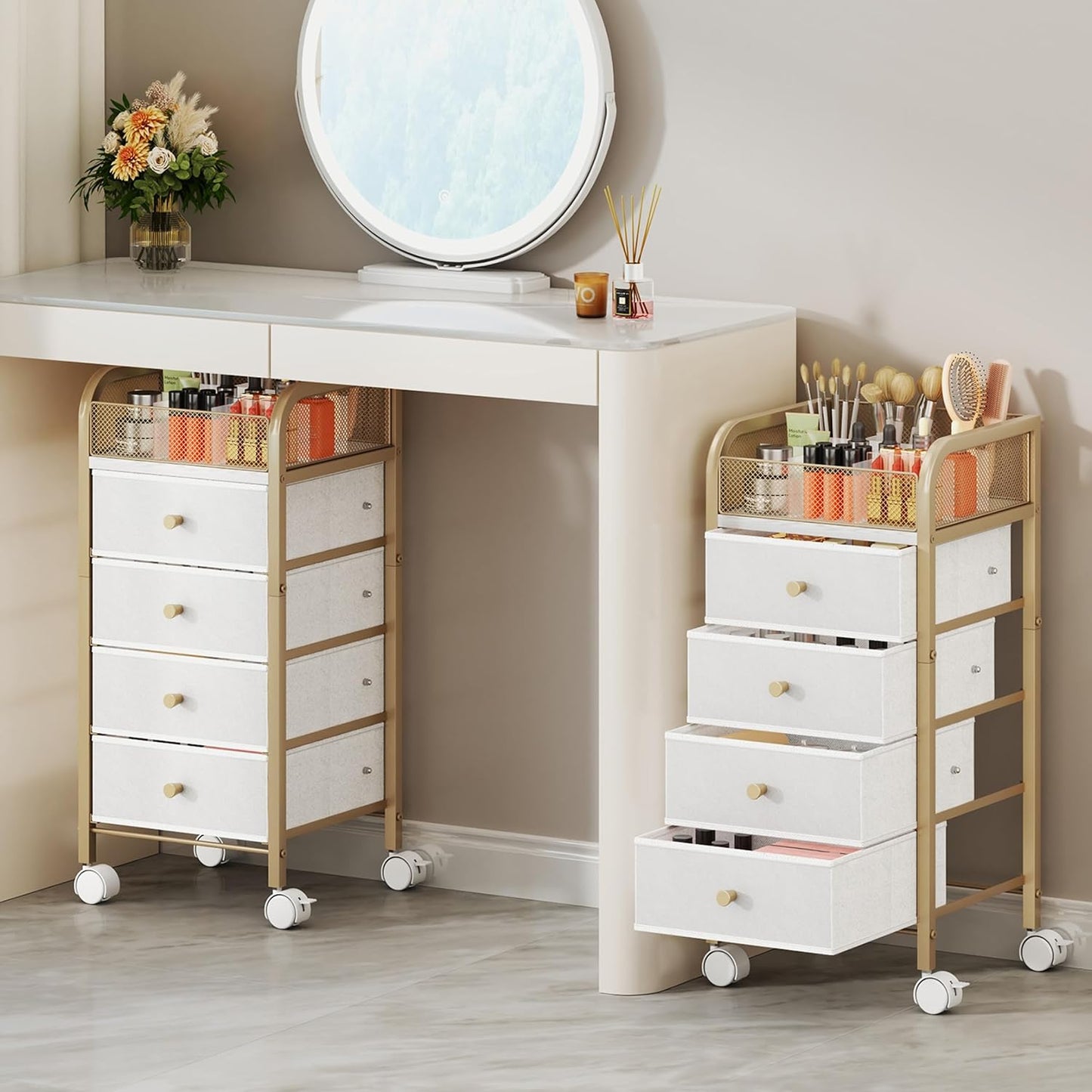 SWTYMIKI Rolling Makeup Organizer Cart - Under Desk Vanity Makeup Storage with 3 Non-woven Drawers, Nail Cart Organizer Cosmetic Display Cases Cabinet for Skin Care Perfume Nail Polish Brush Hair Tool