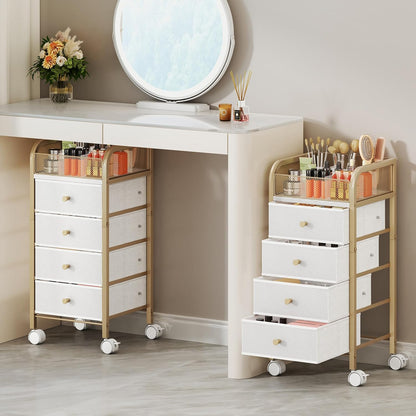 SWTYMIKI Rolling Makeup Organizer Cart - Under Desk Vanity Makeup Storage with 3 Non-woven Drawers, Nail Cart Organizer Cosmetic Display Cases Cabinet for Skin Care Perfume Nail Polish Brush Hair Tool