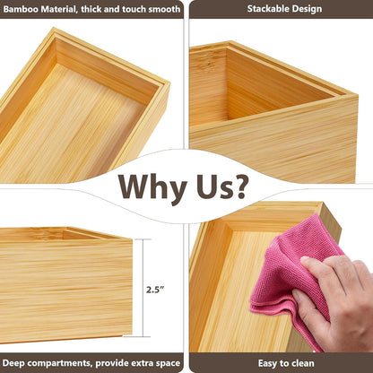 Kitchen Drawer Organizer Bins, Stackable Bamboo Drawer Organizer for Silverware, Flatware, Coffee Pod Organizer K Cup Holder for Countertop, 2 Pcs Coffee Station Organizer 12" x 6" x 2.5"