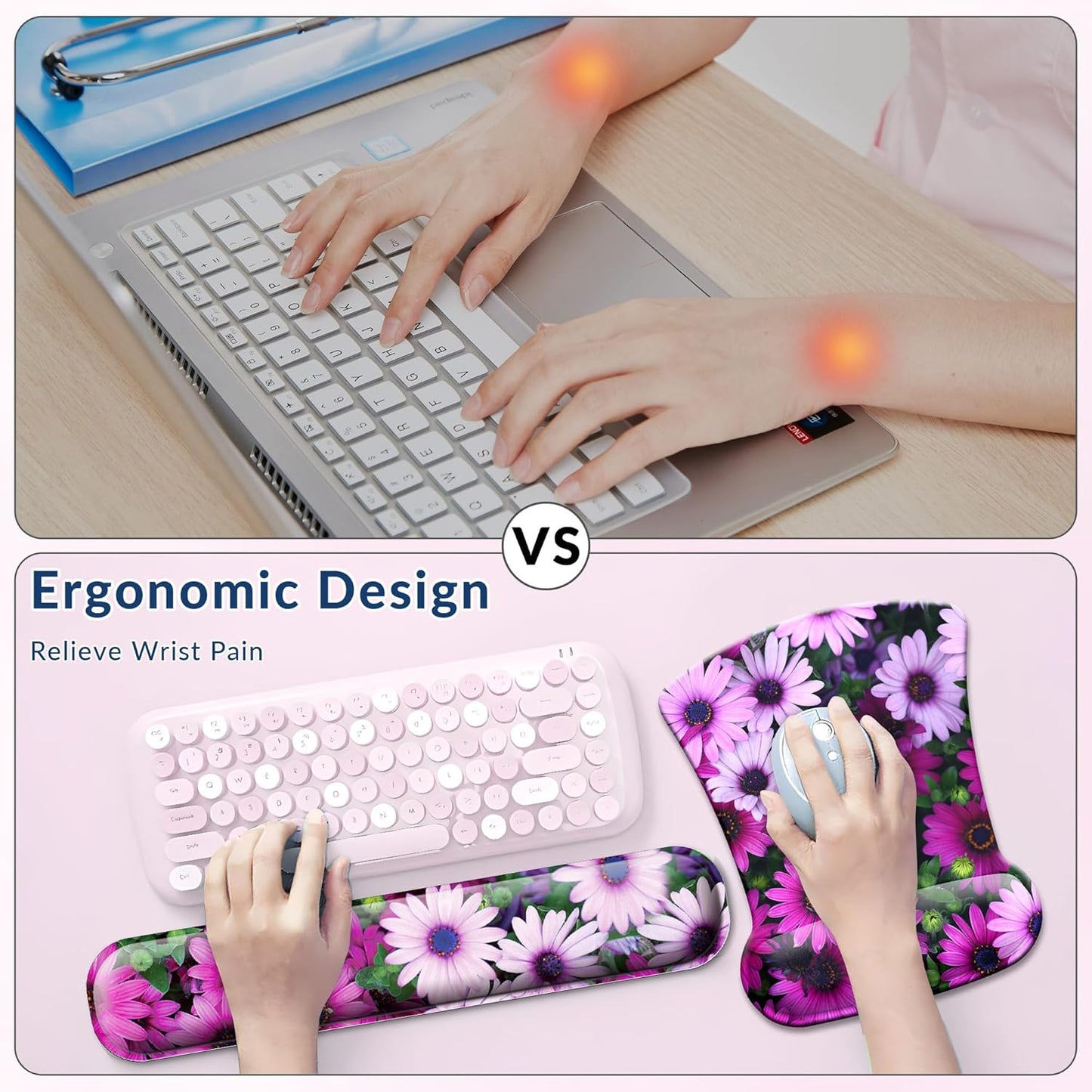 Desk Mat Set + Keyboard and Mouse Pad with Wrist Rest Support,4-in-1 Large Mousepad Computer Mats for Desktop Home & Office-Purple Butterflies