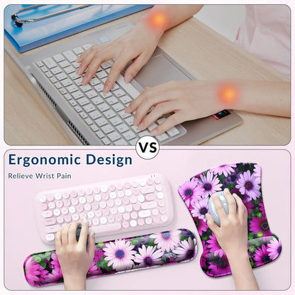 Desk Mat Set + Keyboard and Mouse Pad with Wrist Rest Support,4-in-1 Large Mousepad Computer Mats for Desktop Home & Office-Purple Butterflies
