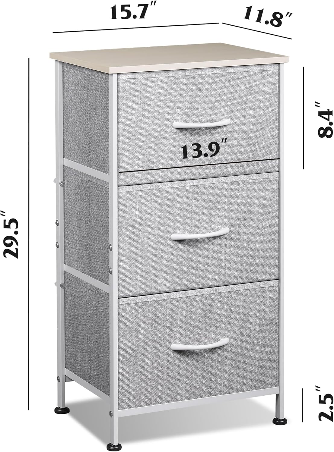 WLIVE Dresser with 3 Drawers, Fabric Nightstand, Cabinet with Wheels, Organizer Storage Dresser for Bedroom, Office, Entryway, Closets, Sturdy Steel Frame, Wood Top, Easy Pull Handle, White