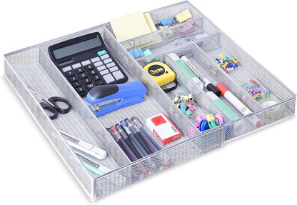WuGeShop Expandable Office Drawer Organizer, 6 to 7 Compartments Adjustable Mesh Desk Drawer Organizer, Good Desk Organizer for Office Supplies and Art Supplies