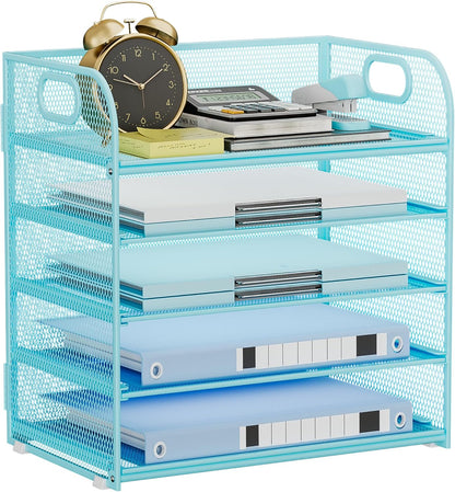 Paper Organizer Letter Tray with Handle, 5-Tier Black Stackable Desk Organizer with Metal Mesh, Sturdy Paper Tray for Office Desk, Home & Classroom Supplies Storage