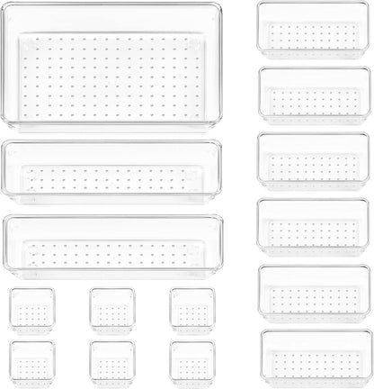 Vtopmart 66 PCS Clear Plastic Drawer Organizer Bins, 4-Size Versatile Bathroom and Vanity Organizer Trays, Acrylic Storage Containers for Makeup, Jewelry, Toiletry, Kitchen Utensils and Office Supply