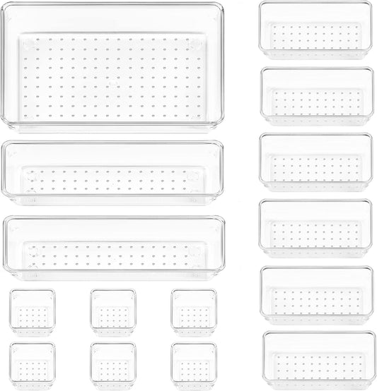 Vtopmart 66 PCS Clear Plastic Drawer Organizer Bins, 4-Size Versatile Bathroom and Vanity Organizer Trays, Acrylic Storage Containers for Makeup, Jewelry, Toiletry, Kitchen Utensils and Office Supply