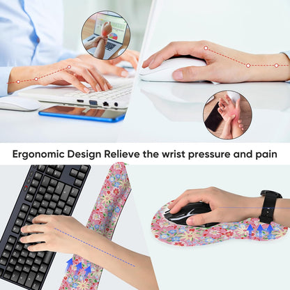 Wrist Rest Support for Mouse Pad Keyboard Set Circle Coaster Gaming Mouse Pad Ergonomic Gel Memory Foam Set for Computer, Laptop, Office, Pain Relief, Comfortably Typing Flowers KM-39