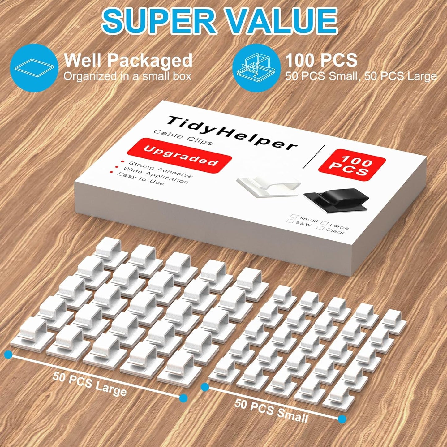 Under Desk Cable Management Clips, Wire Organizer Clips for PC Network Cable Mamagement, Large Adhesive Cable Clips Wire Holders (Computer, TV, Ethernet, Electric Wires), White, 20 PCS