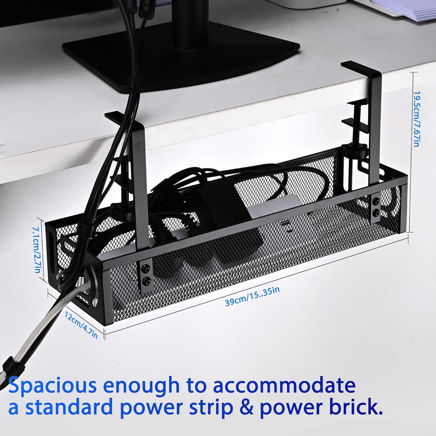 Under Desk Cable Management Box 25.3 Inch – Clamp-Mounted Cable Organizer Tray, Large Cord Management Box for Office & Home, Wire Organizer Under Desk Storage, White