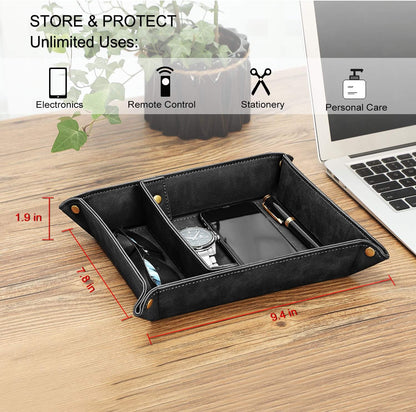 SITHON Valet Tray Desktop Storage Organizer, Removable 2 Compartments Catchall Tray Bedside Vanity Nightstand Caddy Holder Desk Storage Plate, Valentine's Day Gift, Brown