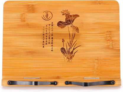 MEGREZ Bamboo Book Stand 11 x 8.0 inch, Foldable Cookbook Holder with 6 Adjustable Height, Reading Book Holder for Recipe, Music Book, Textbook, Tablet Stand, Rose