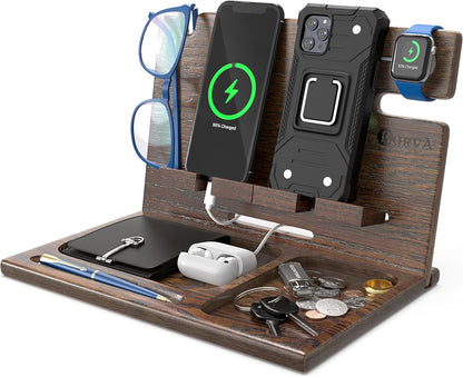 BarvA Two Phone Docking Station | Night Stand Desk Organizer | Wood Nightstand Organizer | Tablet Smart Watch Earbuds Charging Station | Upgraded Dresser Phone Stand | Bed Room Decor Gifts for Men