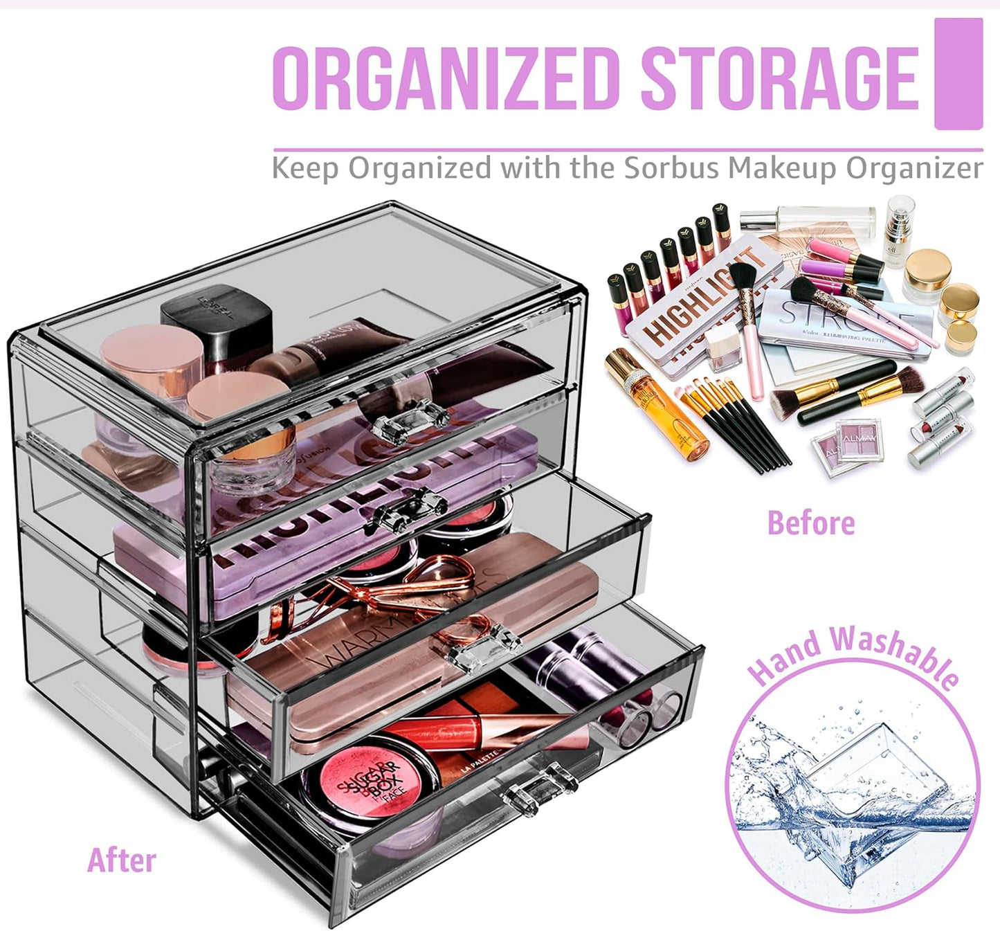 Sorbus Acrylic Makeup Organizer Set, 4-Drawer Vanity & Countertop Cosmetic Storage with Wide Drawers, Clear Makeup Storage for Brushes, Lipsticks, Jewelry – Holiday Gift for Women & Teens