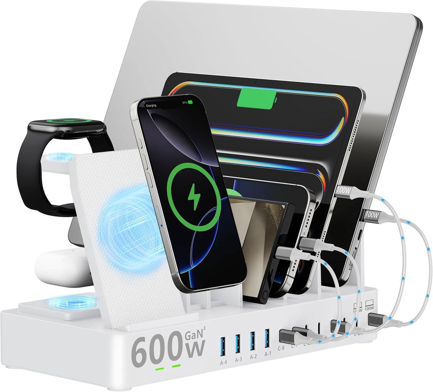 600w Charging Station for Multiple Devices, 15 in 1 Wireless Charging Station for Apple, Dual 100w USB C Tablet Charging Station for MacBook,iPhone,iPad,Tablet(Black)
