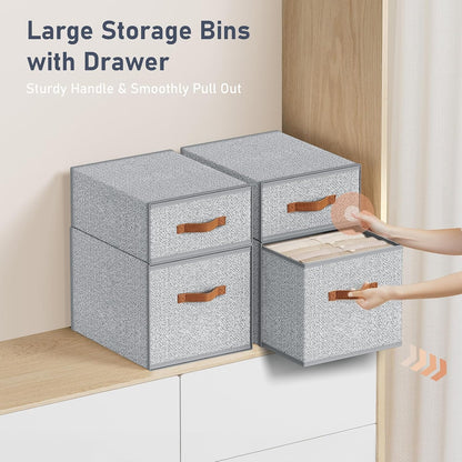 DIMJ Closet Organizers and Storage - Fabric Bins with Drawers for Closet Foldable Clothes Organizers with Clear Window, Stackable Storage Drawers Units for Bedroom, Living Room, 4-Pack, Grey