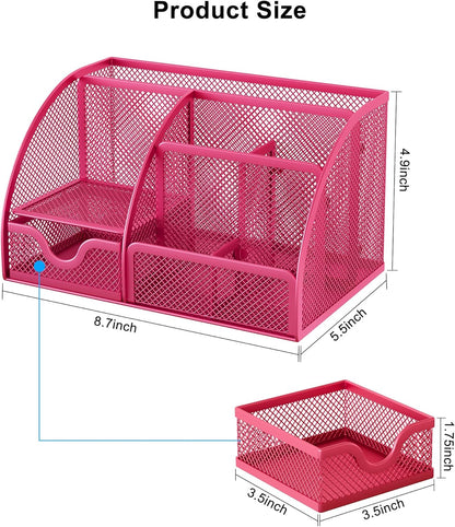 EasyPAG Mesh Desk Organizer with Drawer Multi-functional Pen Holder Stationery Organizer for Office School Supplies 6 Compartments Dorm Organizers and Storage for Desk, Black