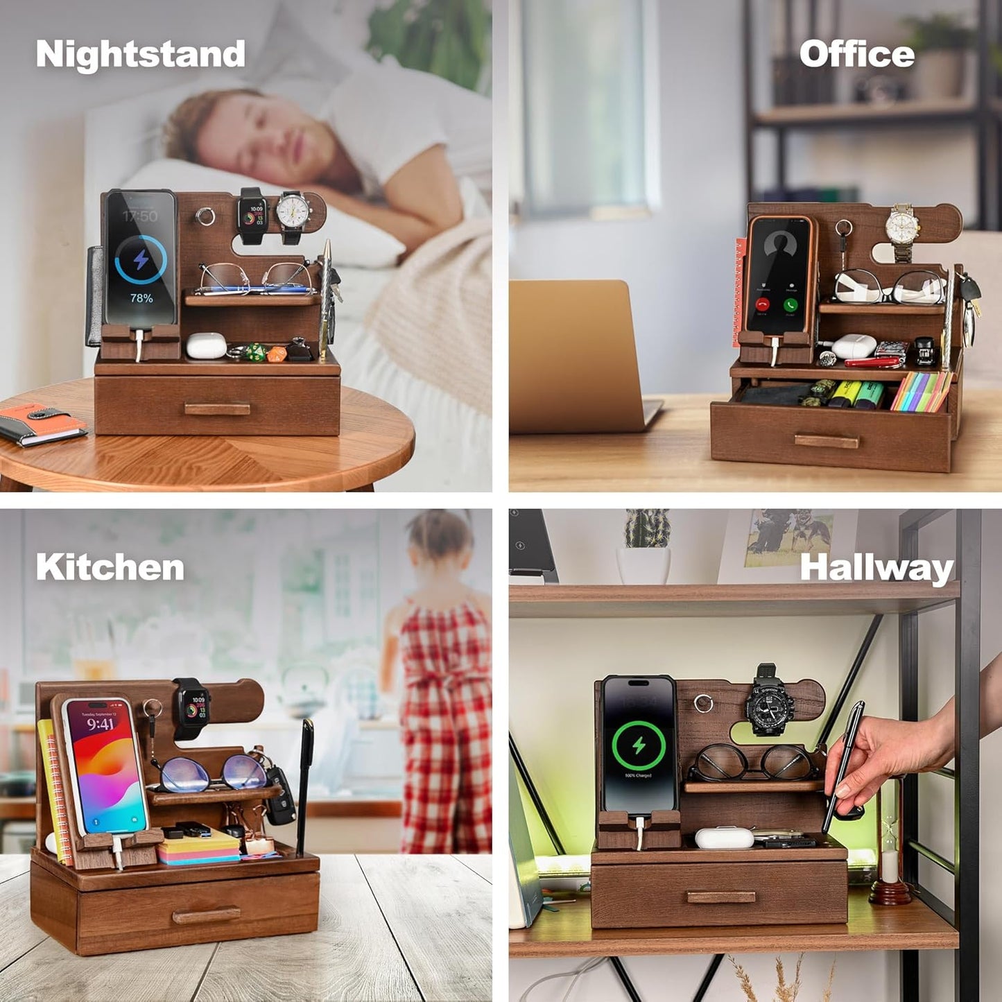 TESLYAR Wood Phone Docking Station with Drawer - Nightstand Organizer - Desk Organizer for Husband - Birthday Gifts for Men, Dad, Anniversary Idea, Key Holder Stand Watch & Accessories (Antique Brown)