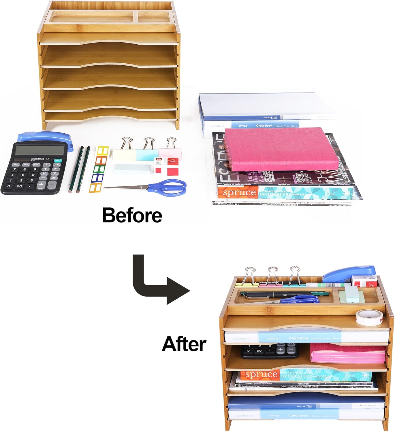 SONGMICS Bamboo File Organizer Paper Sorter with 5 Adjustable Shelves Top Storage Compartments Natural UOFS44Y