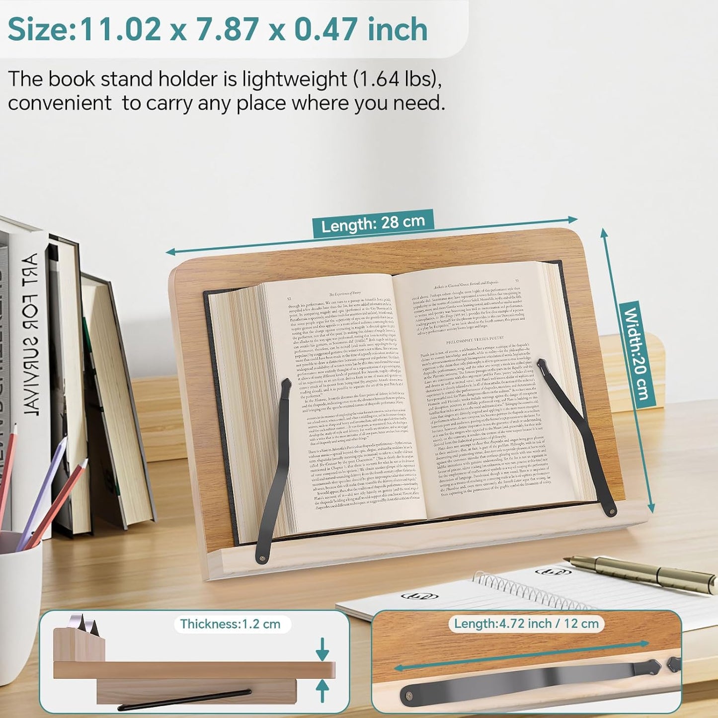 Book Stand for Reading,8 Adjustable Height Holder Tray with Page Clips for Textbook/Cookbook/Music Scores/Tablet/,Lightweight Reading Hands Free Desktop Document Book Mount,Bamboo Holder-Oak Brown