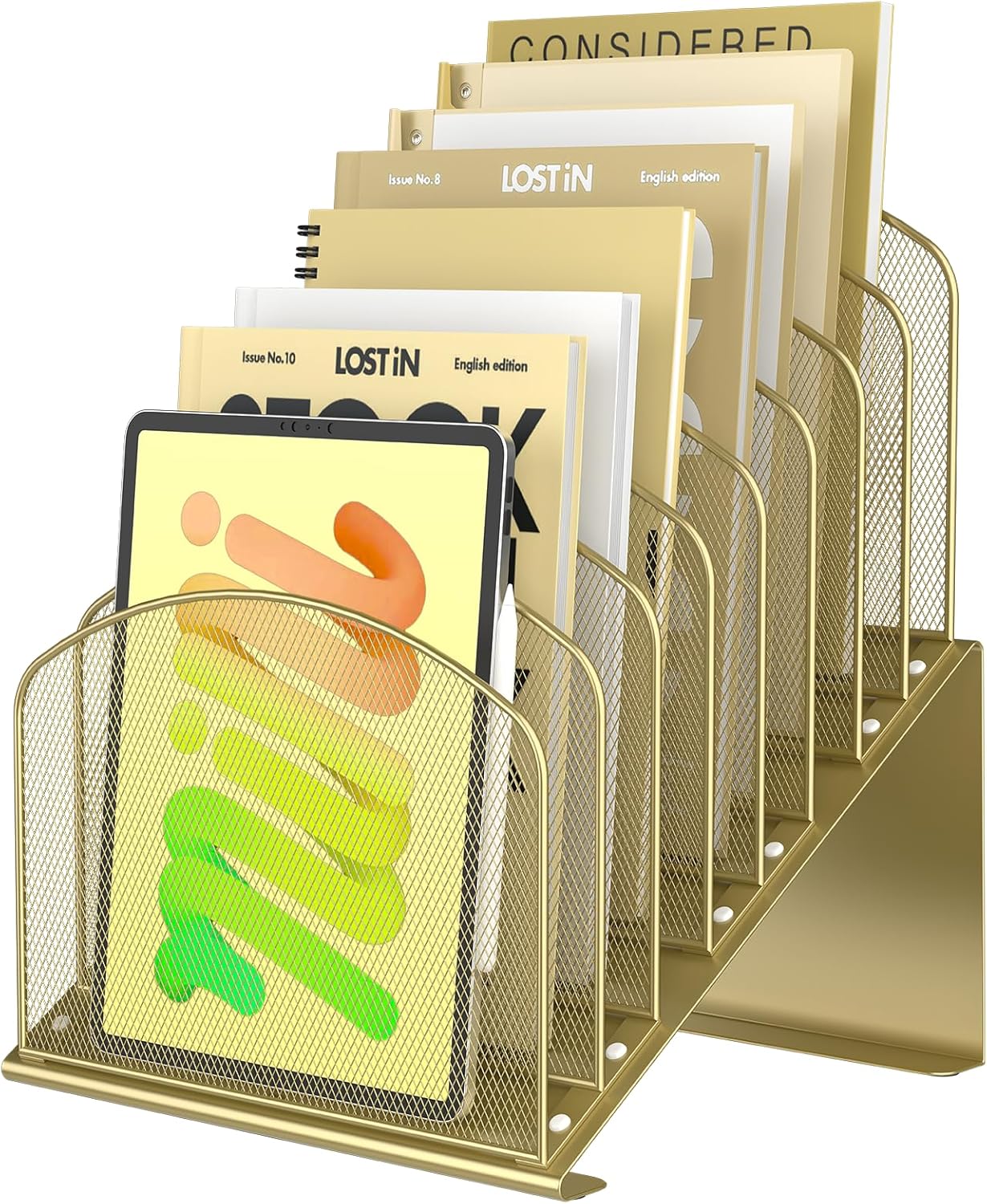 Inclined Desk File Organizer Metal Desk Magazine Folder Holder with 8-Section Vertical Compartments Rack File Organizer for Office, Home, School, Black