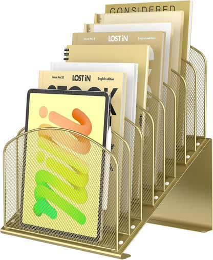 Inclined Desk File Organizer Metal Desk Magazine Folder Holder with 8-Section Vertical Compartments Rack File Organizer for Office, Home, School, Black