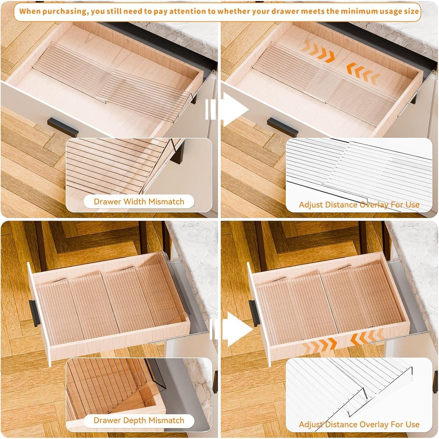 Yieach 4 Pack Adjustable Narrow Spice Rack for Drawer - Expandable From 9" to 17.7" - Acrylic Drawer Seasoning Organizer,Tiered Clear Spice Tray for Spices,Condiment,Nail Polish and Jar Organization