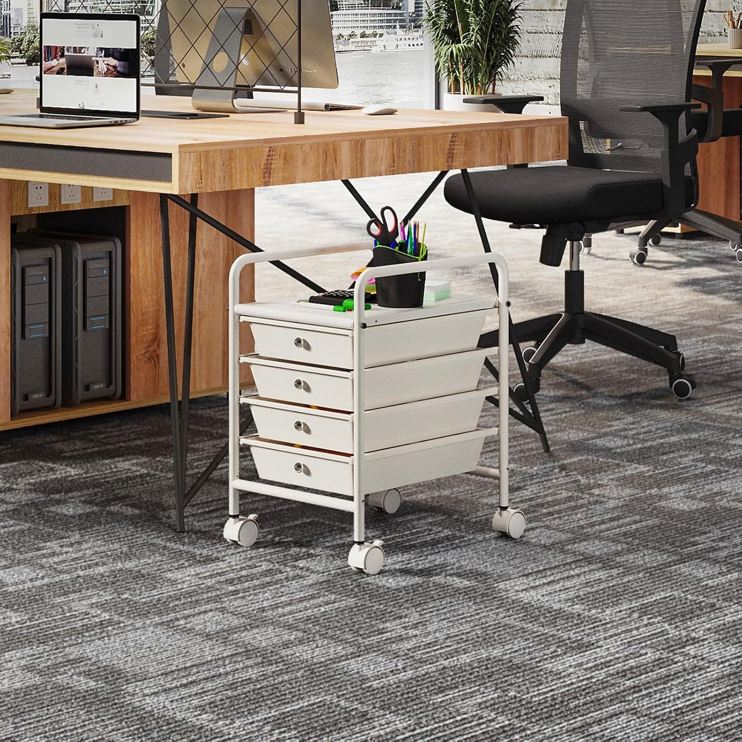 4-Tier Utility Cart with 4 Drawers, Rolling Utility Cart with 2 Lockable Caster Wheels, Multipurpose Mobile Rolling Drawer Cart for Office Bathroom Kitchen, Ivory White