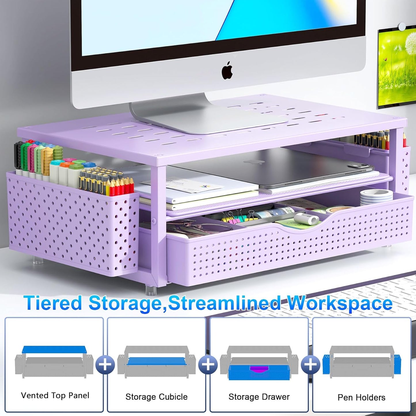 gianotter Wood Monitor Stand Riser, Office Desk Shelf Organizer, Desk Organizer with Drawer and Pen Holder, 2-Tier Computer Stand, Office Organization (Ink)