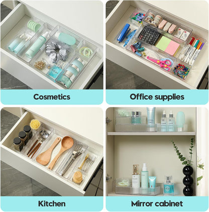 7 PCS Clear Drawer Organizer Bins, 4 Sizes with 7 Connector Clips, Stackable Makeup Vanity Organizer Trays for Bathroom Drawers, Cosmetics, Office Supplies, Kitchen Utensils & Gadgets