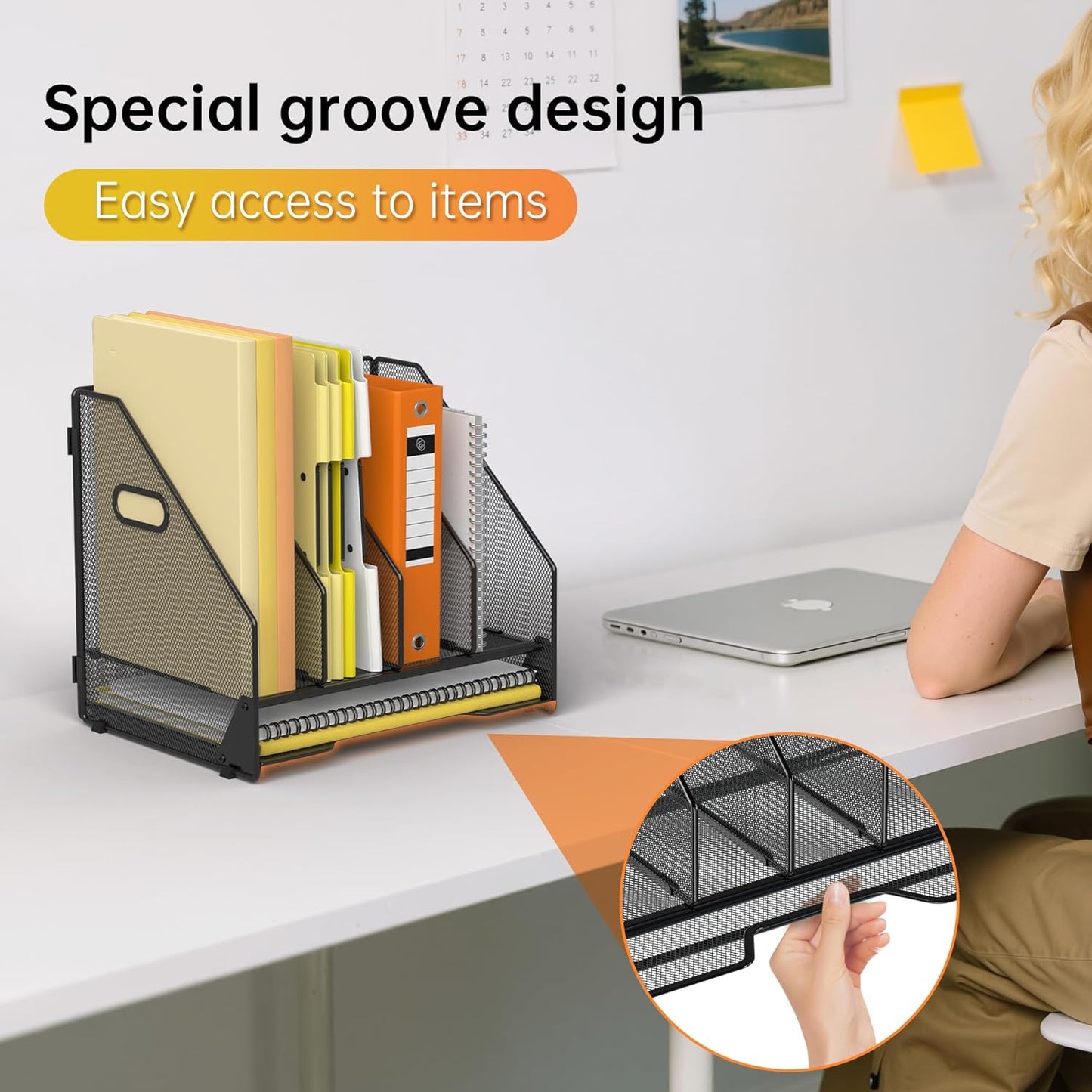 Docnest Desk File Holder Sorter, 4 Vertical Compartments Rack with Letter Tray, Mesh Magazine File Holder with Handle,Workspace Organizers,Desk Organizers for Paper, Mail, Documents-Black