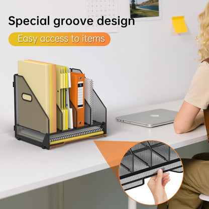 Docnest Desk File Holder Sorter, 4 Vertical Compartments Rack with Letter Tray, Mesh Magazine File Holder with Handle,Workspace Organizers,Desk Organizers for Paper, Mail, Documents-Black