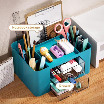 Marbrasse Pen Organizer with 2 Drawer, Multi-Functional Pencil Holder for Desk, Desk Organizers and Accessories with 5 Compartments + Drawer for Office Art Supplies (White)