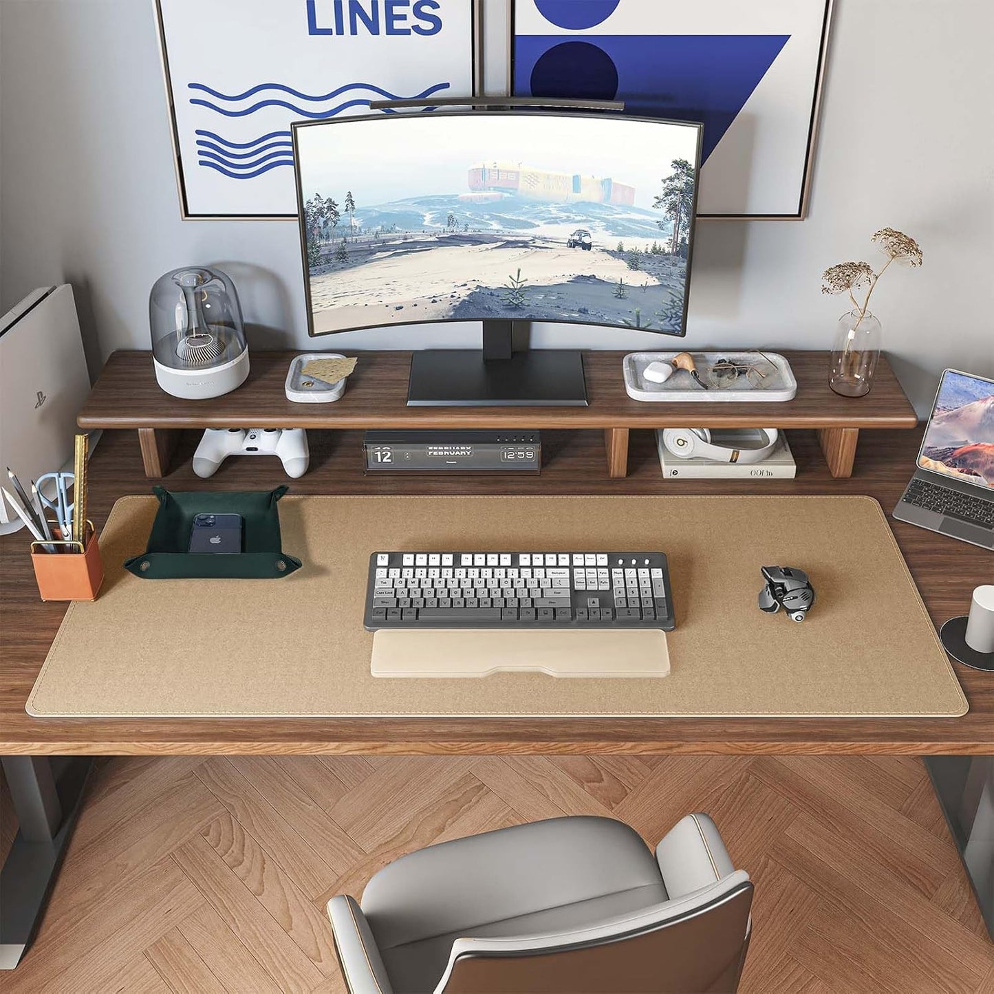 DAWNTREES Dual Sided Desk Mat,Leather Desk Pad,Cork Desk Mat Protector,with PU Leather Valet Tray Organizer,Large Mouse Pad,Desk Writing Pad for Office and Home(Dark Green 31.5"x15.8")