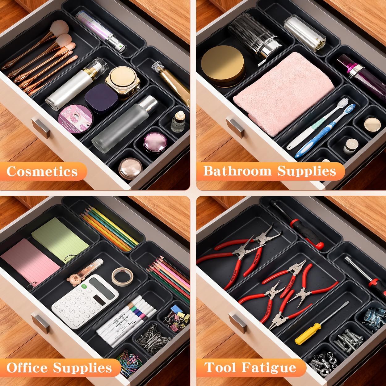 8PCS Plastic Interlocking Drawer Organizer, 3 Sizes Versatile Desk Drawer Organizer Trays, Drawer Dividers, Organization and Storage Bins for Tools, Office, Jewelries, Kitchen Utensils and Makeup