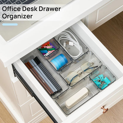 Vtopmart 25 PCS Clear Plastic Drawer Organizers Set, 4-Size Versatile Bathroom and Vanity Drawer Organizer Trays, Storage Bins for Makeup, Bedroom, Kitchen Gadgets Utensils and Office