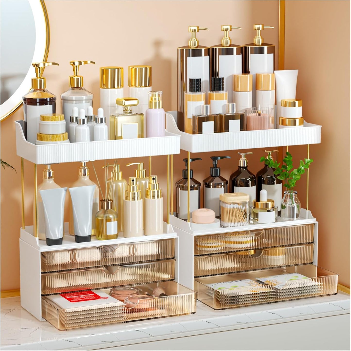 StorBin 3 Large Drawers Makeup Organizer - 5 Tier Bathroom Counter Organizers and Storage, Versatile Perfume Vanity Organizer, Ideal for Cosmetic, Large Skincare, Face Mask, Office Supplies, Amber
