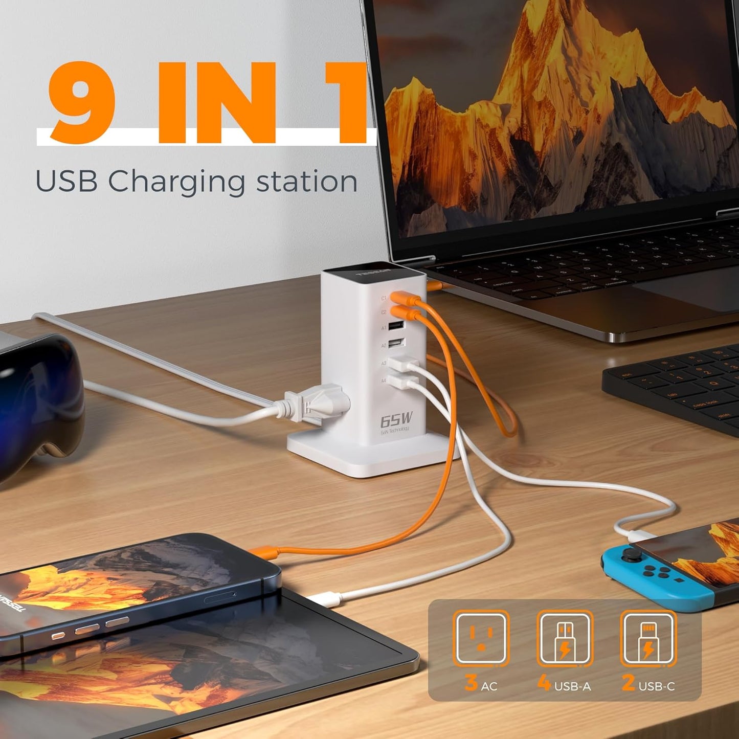 Charging Station for Multiple Devices, TESSAN 9-in-1 USB C Power Strip for iPhone 17/16/15, MacBook, Tablet, Desktop Phone Fast Charger with 3 AC, USB Charger, Home Drom Office Accessories, White-65W