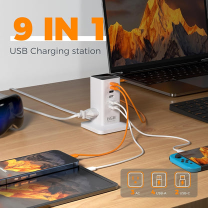 Charging Station for Multiple Devices, TESSAN 9-in-1 USB C Power Strip for iPhone 17/16/15, MacBook, Tablet, Desktop Phone Fast Charger with 3 AC, USB Charger, Home Drom Office Accessories, White-65W