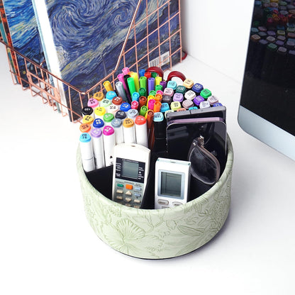 Hennaja Round Leather Art Supply Organizer,Remote Control Holder,360 Degree Rotating,Multi-Functional Pencil Holder,4 Compartments Desktop Stationary Organizer(1-Blue Bird) - Colors B