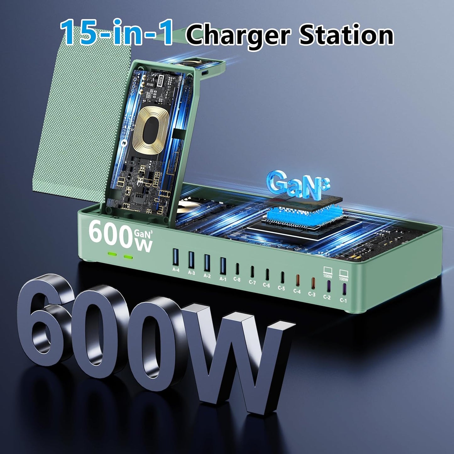 600w Charging Station for Multiple Devices, 15 in 1 Wireless Charging Station for Apple, Dual 100w USB C Tablet Charging Station for MacBook,iPhone,iPad,Tablet(Black)