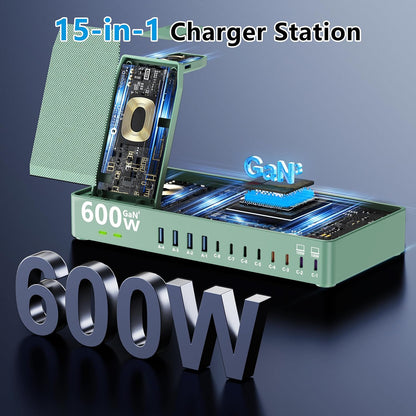 600w Charging Station for Multiple Devices, 15 in 1 Wireless Charging Station for Apple, Dual 100w USB C Tablet Charging Station for MacBook,iPhone,iPad,Tablet(Black)