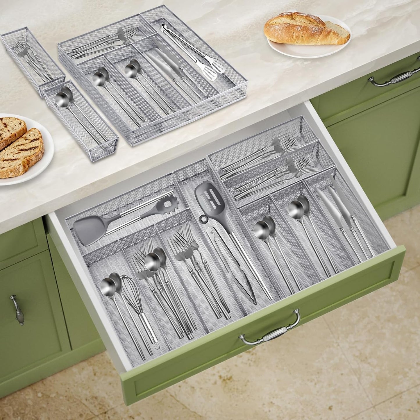 Neudeco Drawer Organizer Set 6 Pack - 5-Compartment Silverware Organizer Tray + 5 Utensil Trays, Kitchen Drawer Organizer for Flatware, Cutlery, Office Supplies, Black Mesh, Non-Slip.