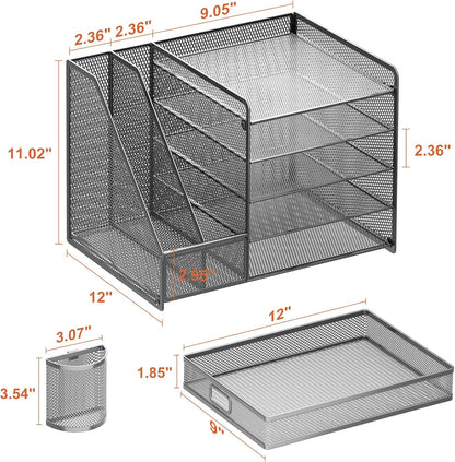 Marbrasse Desk Organizer with File Holder, 5-Tier Paper Letter Tray Organizer with Drawer and 2 Pen Holder, Mesh Desktop Organizer and Storage with Magazine Holder for Office Supplies(Black)