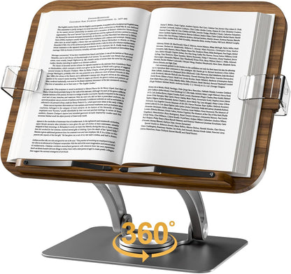 Book Stands for Reading,Adjustable Book Holder with 360° Rotating Metal Base,Foldable Cookbook Stand, Reading Hands Free with ABS Expandable Page Clips for Recipe,Textbook,Laptop