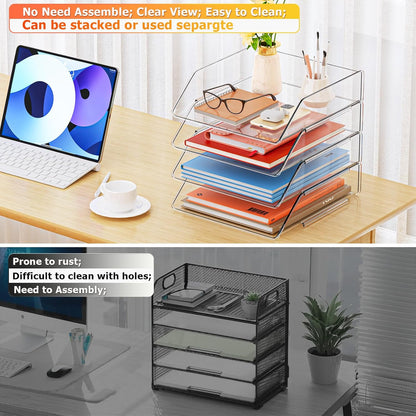 YKLSLH 4 Trays Paper Organizer Letter Tray - Acrylic Desk File Organizer, Stackable Clear Paper Holder Sorter Office Organizer for Letter/A4, Office File Ipad Books Notes Etc