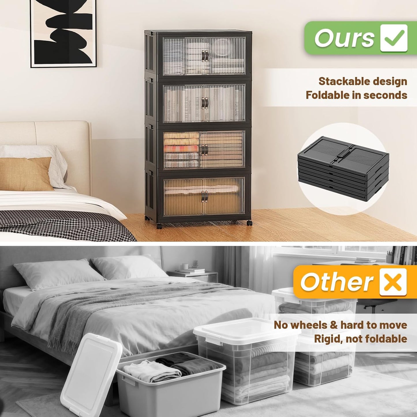 SAILUN 145Gal/580Qt Collapsible & Stackable Storage Bins with Door & a Lid,Perfect for Blanket Storage, Pillow Organizer, Bedroom Closet & Living Room, Black 26" W x 17" D x 71" H